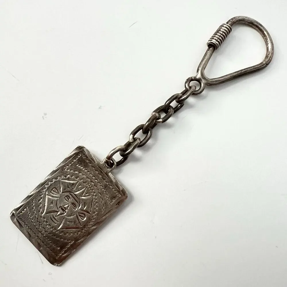 Vtg Sterling Silver 925 Mexico Rectangle Mayan Calendar Aztec Face Keychain
